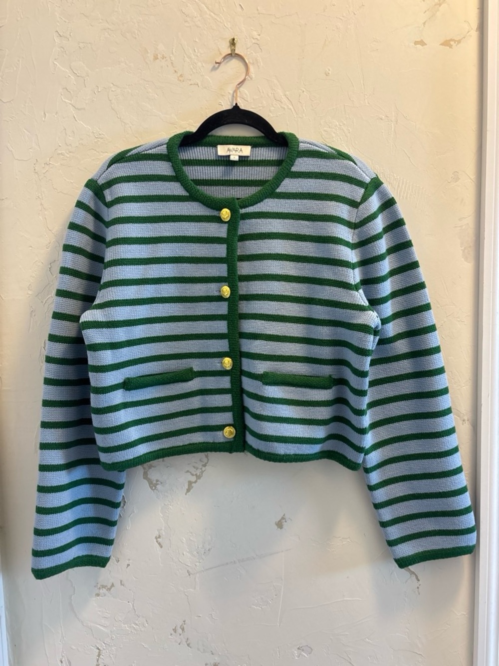 Wool blend Striped Cropped Cardigan Sweater in Green and Light Blue size L